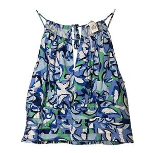 Japna Blue Green‎ Floral Halter Neck Keyhole Top Smocked Back Style 10207 M